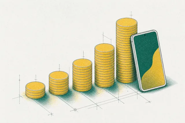 Bar chart made of coin stacks of increasing height with a phone leaning against the tallest