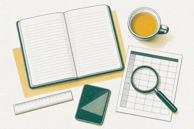 Desk seen from above with an open notebook, a ruler, a magnifying glass over a printed table, a phone and a cup of tea