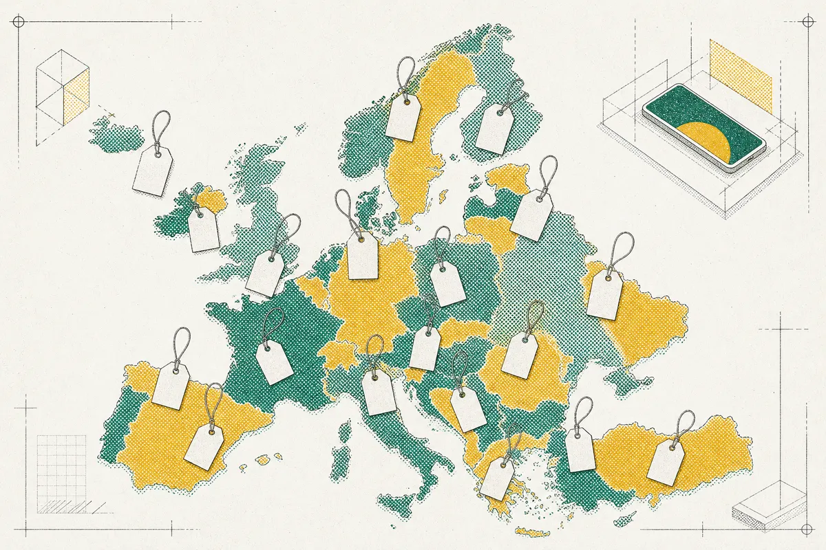 Halftone map of Europe with blank price tags hanging over a dozen countries