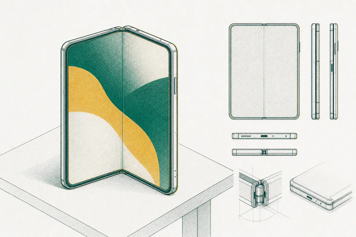 Technical drawing of a book-style foldable phone standing half open on a table, with flat and side views