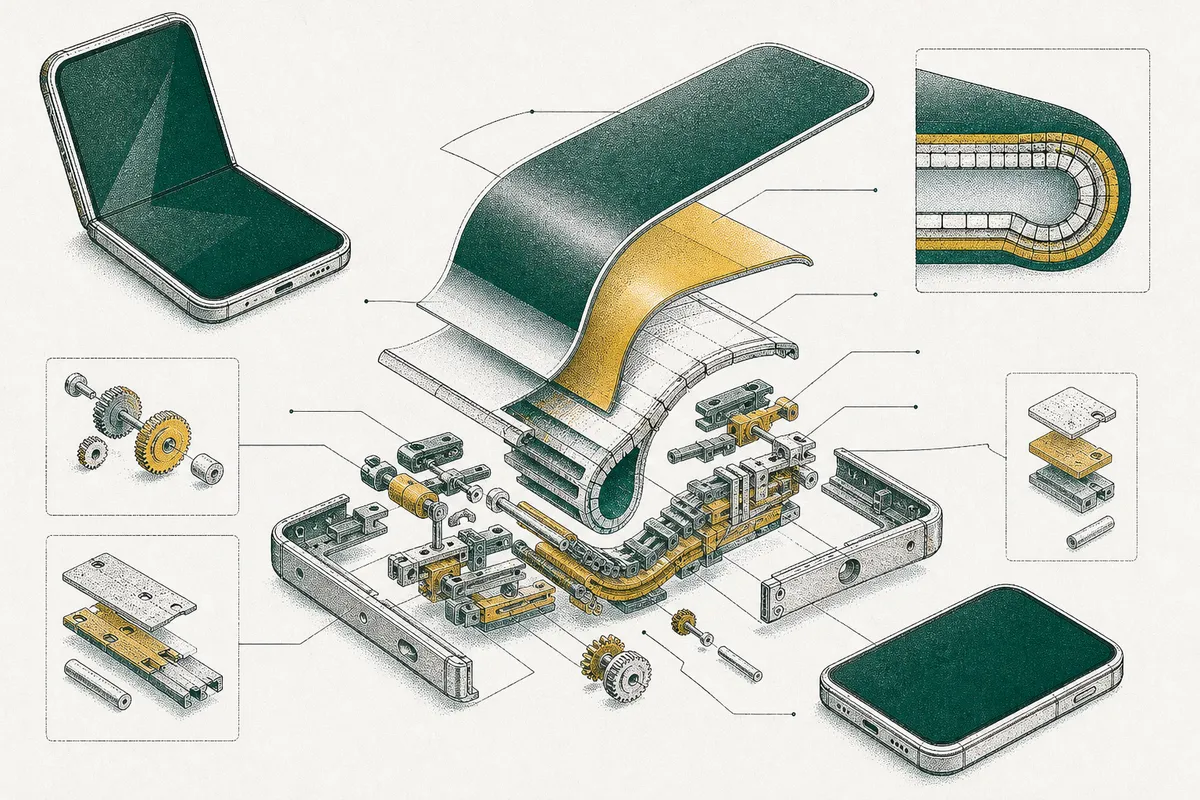 Exploded diagram of a foldable phone hinge with gears, plates and a bending screen layer