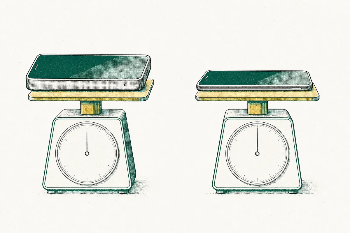 Two phones of different thickness, each on its own kitchen scale