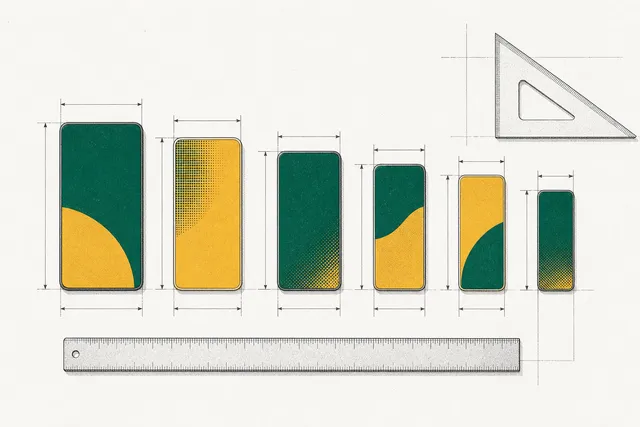 Six phone-shaped slabs of different sizes laid out on a drafting table with a ruler and a set square