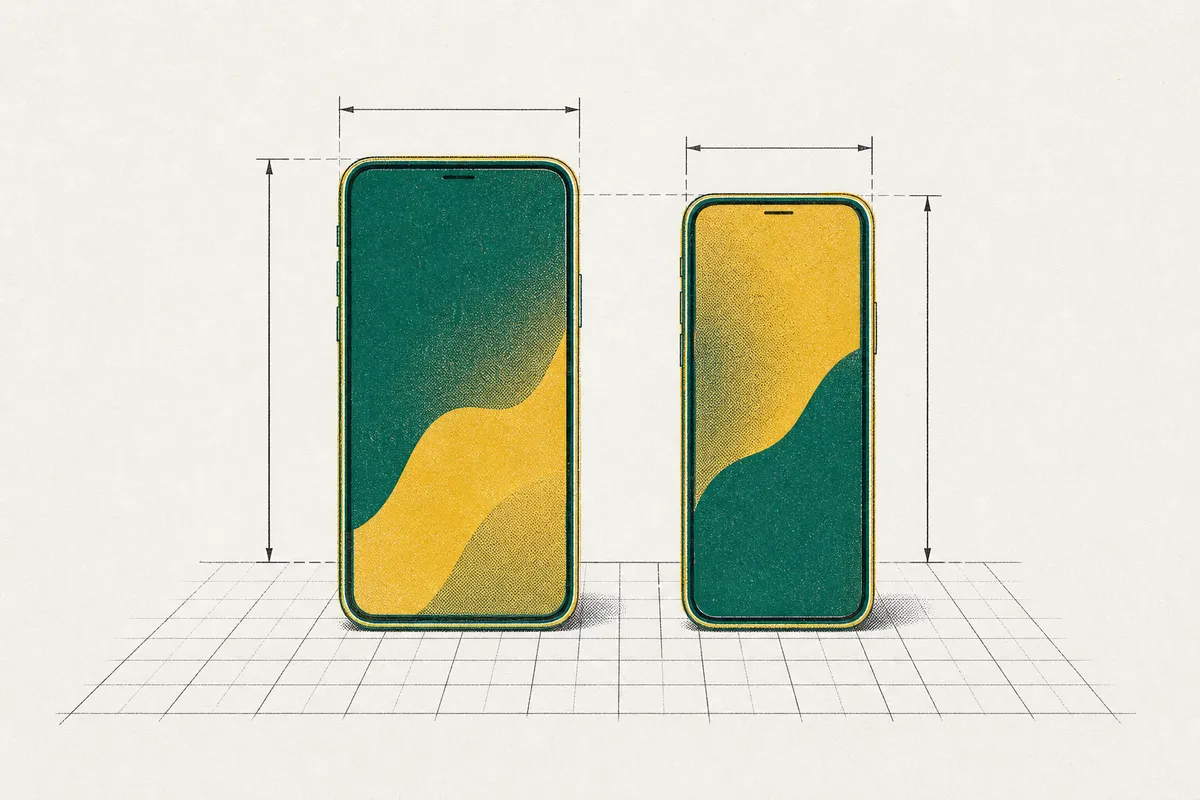 Two phones standing side by side on a measuring grid, one slightly larger than the other