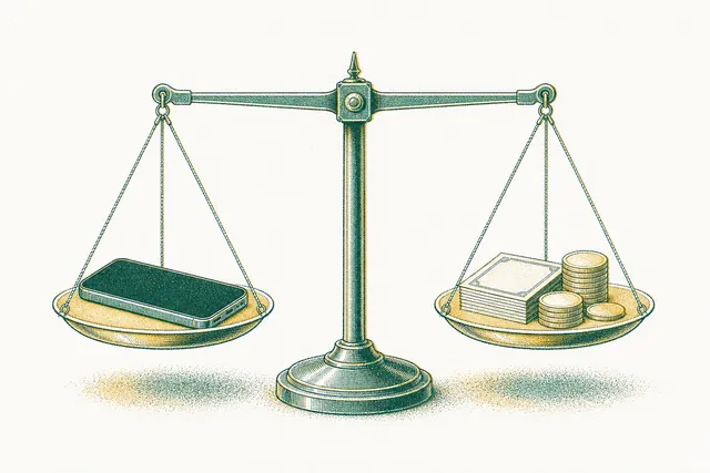Drawing of a balance scale with a phone on one pan and coins and banknotes on the other