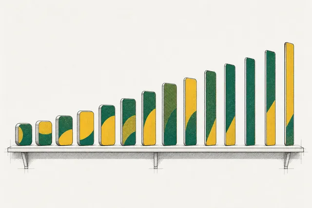 Drawing of a shelf of phone-shaped slabs growing from small and thick on the left to tall and thin on the right