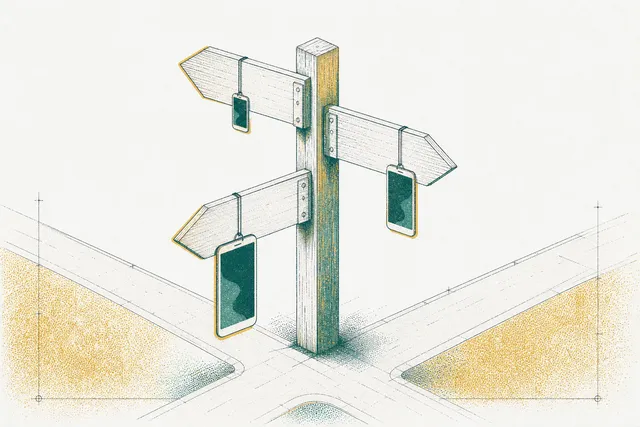 Drawing of a signpost at a crossroads with a different-sized phone hanging from each of its three arrows
