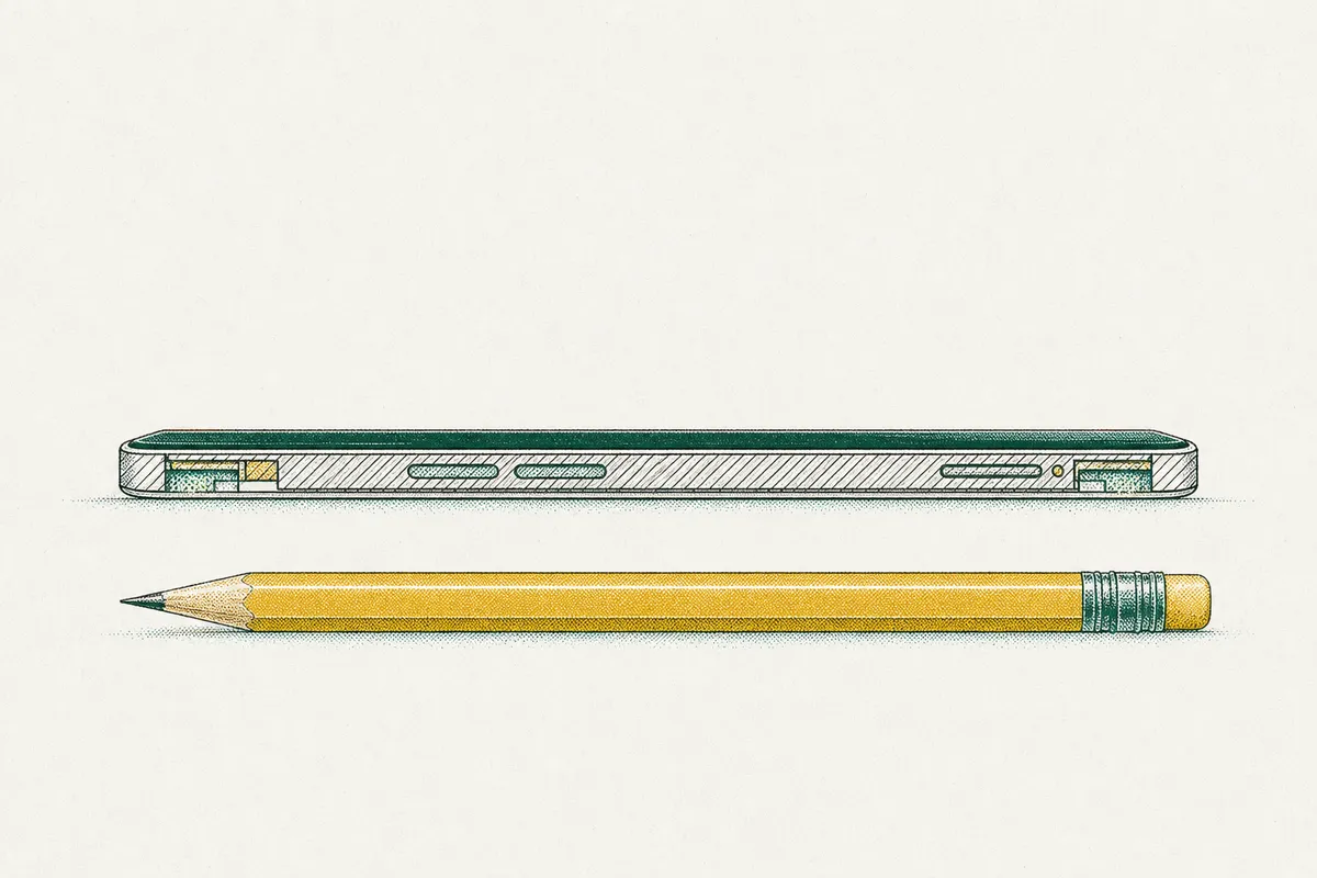 Side view of a very thin phone lying next to a pencil, with a hatched cross-section